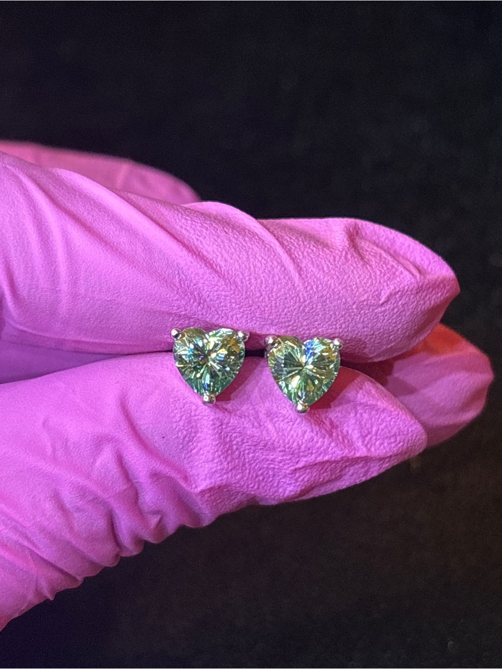 .925 Sterling Silver 2ct. VVS Green Moissanite Heart Solitaire Studs - Picture 3 of 9